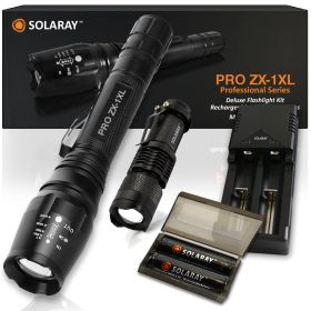 ZX-1XL 18650 LED Tactical Flashlight Kit. Adjustable Zoom, 5 Light Modes. Waterproof. Batteries Included.
