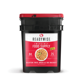 84 Serving Gluten Free Grab and Go Bucket.  Pot Pie, Tomato Basil Soup, Casserole, Rice, Yogurt.  25-year shelf life.