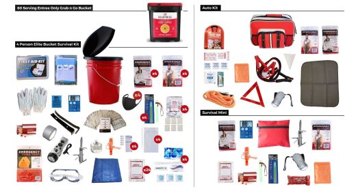Preparedness Package for 4 Persons: Food for 1-week; Grab 'n Go Food Bucket, Auto Kit, First Aid Kit, Elite Kit. 25 years.
