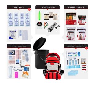 3-Person Comfort Survival Kit; 72-Hr. Food, Water, Deluxe First Aid, Tools, Light and Comm, Deluxe Hygiene, Tents, Bags