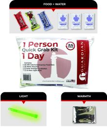 1 Day Quick Grab Kit in Resealable Bag for 1 Person.  Lightweight, Compact Kit with Blanket, Food, Water, Light.