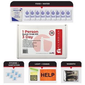 3-Day Quick Grab Kit in Resealable Box for 1 Person; Food, Water, Blanket, Light, Help Flag for Quick Emergency.