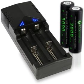18650 Battery Kit, Button Top Batteries with Charger & Storage Case (18650-KITBT).