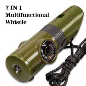 7-In-1 Multifunctional Survival Whistle; LED Light; Compass; Thermometer; Magnifying Glass; Mirror; Camping; Hiking.