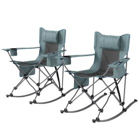 2 Rocking Camping Chairs, Foldable Portable Chairs with Headrest, Cooler Bag, Cup Holder, Carry Bag, 2-Pack, Gray.