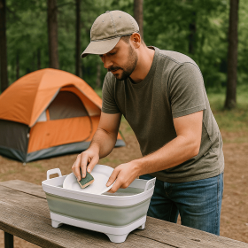 Multipurpose Sink, Plug and Drainer Foldable Wash Tub for Camping or RV Dishwashing, Laundry Soaking, BBQ Prep.