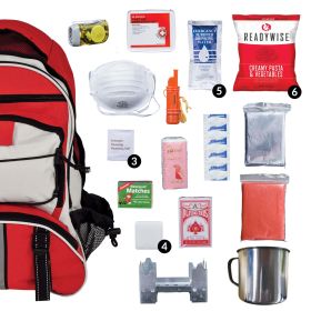 64-Piece Survival Back Pack (Red), Food, Medical Supplies, in a Grab and Go Backpack.