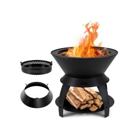 Metal Camping Fire Pit for Camping or Patio, Burns Pellets, Wood, or Charcoal.  Pot Holder on Top.  Sturdy and Durable.