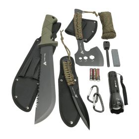 Camping Tool Set, 12 Pieces; Includes Flashlight, Machete, Knife, Hatchet, Fire Starter.  Outdoor Gear Kit.