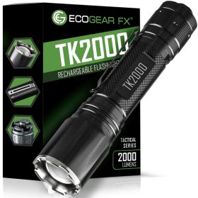 TK2000 - USB Rechargeable LED Tactical Flashlight with Battery.  Adjustable Zoom, 3 Modes, Rugged Design.
