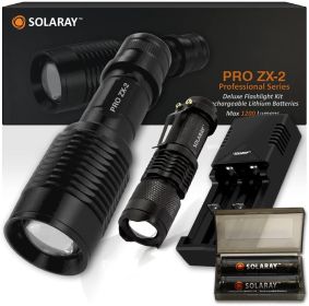 ZX-2 Professional LED Flashlight Kit, Zoom Focus, 5 Light Modes. Includes Charger, Batteries, Case, Manual.  Rugged.