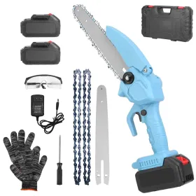 Electric Mini Chainsaw Portable Handheld Cordless Small Chain Saw Battery Powered With 2Pcs 1200mAh Rechargeable Batteries 8in Chains Gloves (Option: Blue)