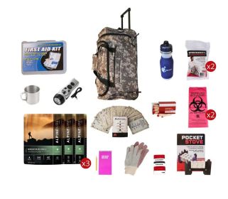 Food Storage Survival Kit with 18 Svgs. Food, Water Purification, Radio Flashlight, Sleeping Bags, First Aid, Cook Stove (Option: Rolling Bag - Camo)