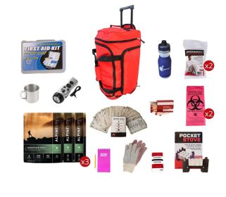 Food Storage Survival Kit with 18 Svgs. Food, Water Purification, Radio Flashlight, Sleeping Bags, First Aid, Cook Stove (Option: Rolling Bag)