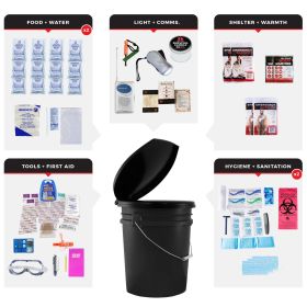2-Person Essential Survival Kit for 72 Hours. Food, Water, First Aid, Tools, Warmth, Lights, Hygiene, Radio, Fire Starter (Option: Bucket and Lid)