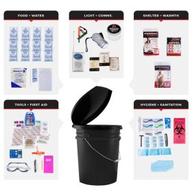 1-Person Essential Survival Kit with 72-hours Food, Water, First Aid, Whistle, Light, Radio, Warmth, Hygiene, Fire Starter. (Option: Bucket and Lid)