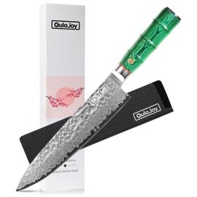 Qulajoy Japanese Chef Knife 8-Inch, 67 Layers Damascus, Steel Core, Hammered Kitchen Knife, Handcrafted. Bamboo. (Option: Green)