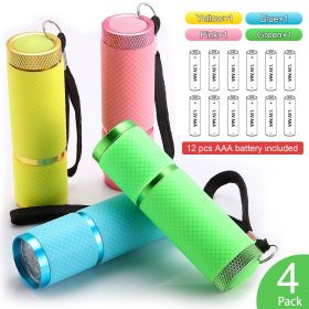 4-Ct Glow In Dark Flashlights. Mini 9-LED Flashlight; Portable Handy Light For Camping, Hiking, Night Reading. (Color: 4Colors PACK-Including Battery)