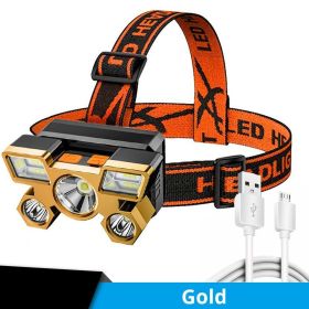 5-LED USB Rechargeable Headlamp; Portable Built-in18650-Battery Head Flashlight; Waterproof.  Camping, Fishing. (Color: Golden)
